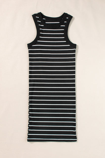 Ribbed Knit Tank Mini Dress | Black Stripe