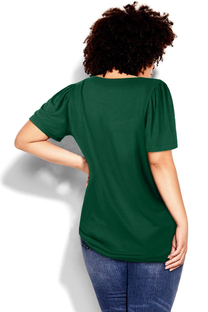 Plus Size Square Neck Ruched Shoulder Short Sleeve Top | Green