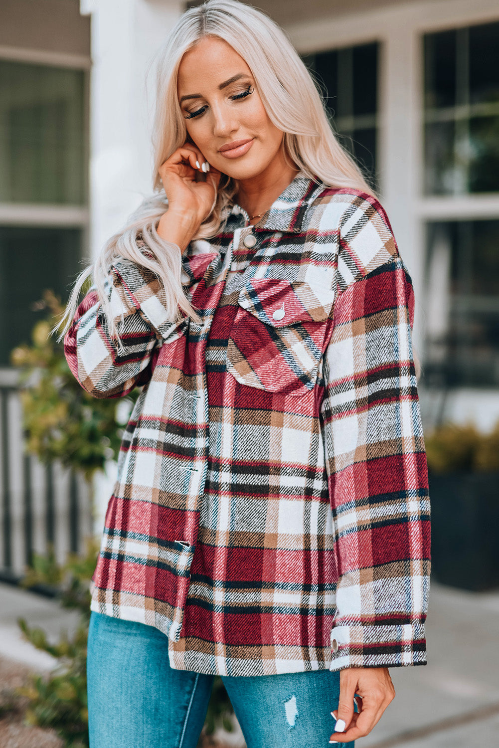 Fiery  Geometric Plaid Print Pocketed Shacket | Red