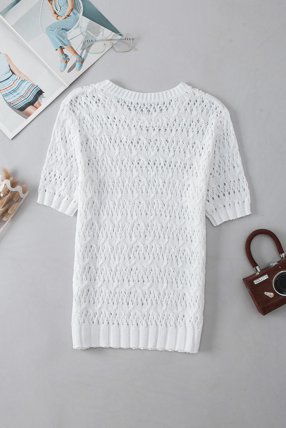 Hollow-Out Textured Half Sleeve Sweater | White