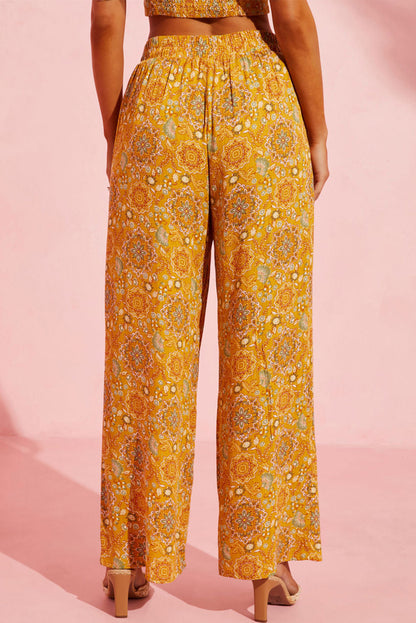 Bohemian Floral Print Pocketed Wide Leg Pants | Yellow