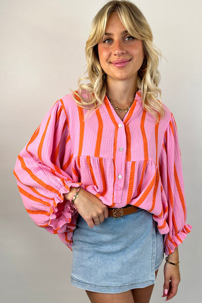 Crinckled Ruffled Sleeve Button Up Loose Shirt | Orange Stripe