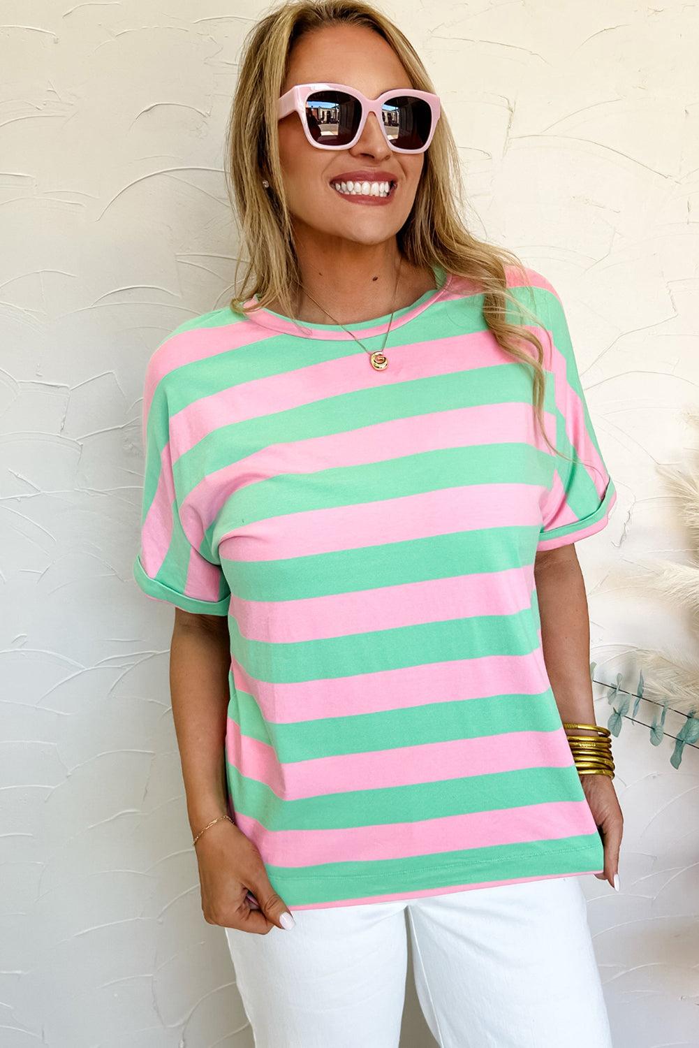 Colourblock Cuffed Sleeve Loose Tee | Pink Stripe