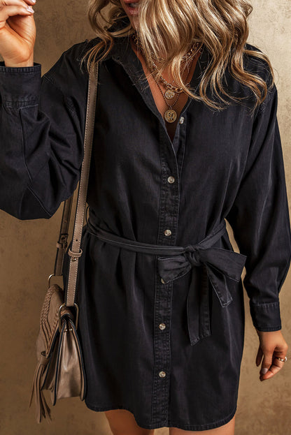 Button-Up Belted Denim Shirt Dress | Black