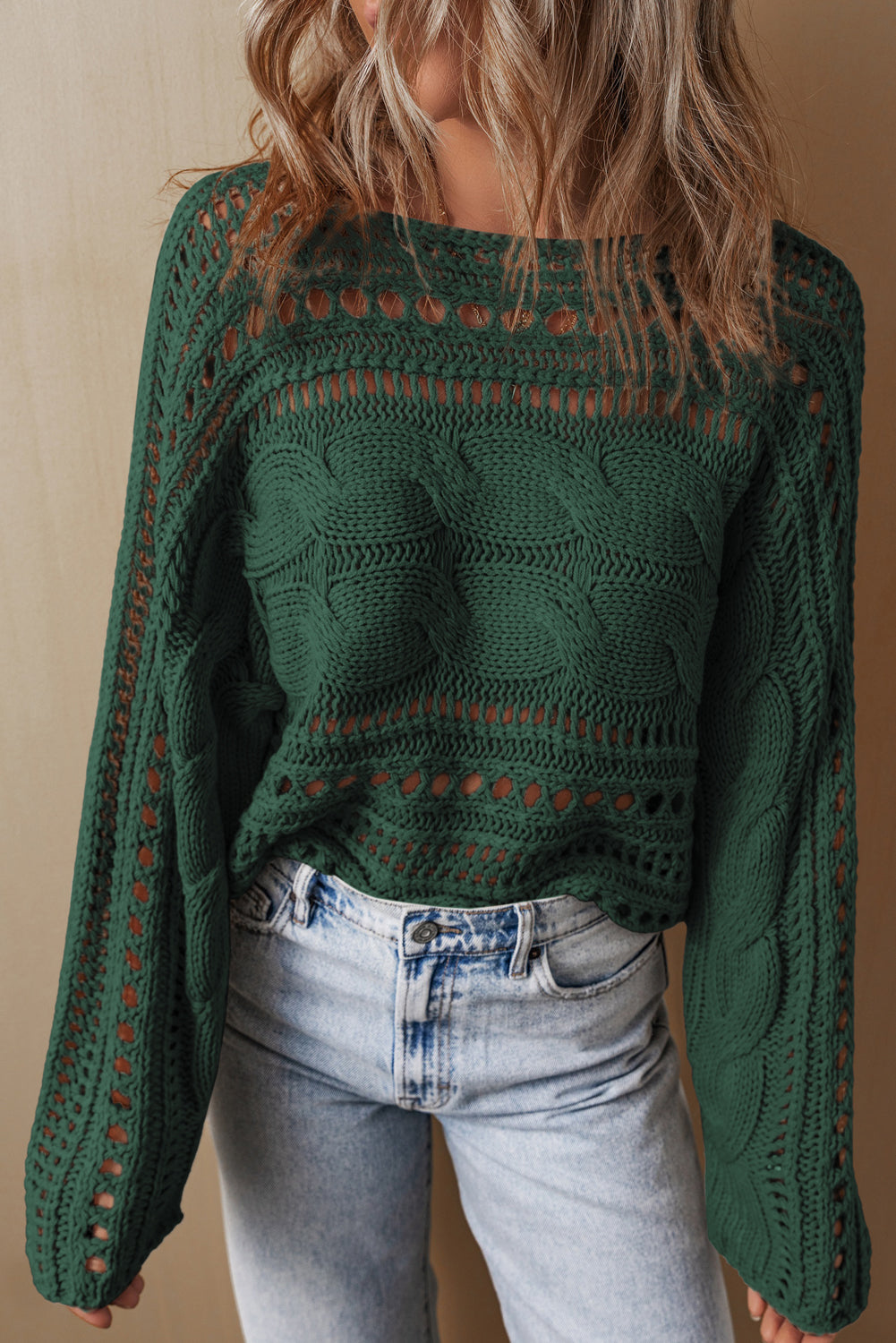 Blackish Green Hollow-out Cable Knit Cropped Sweater