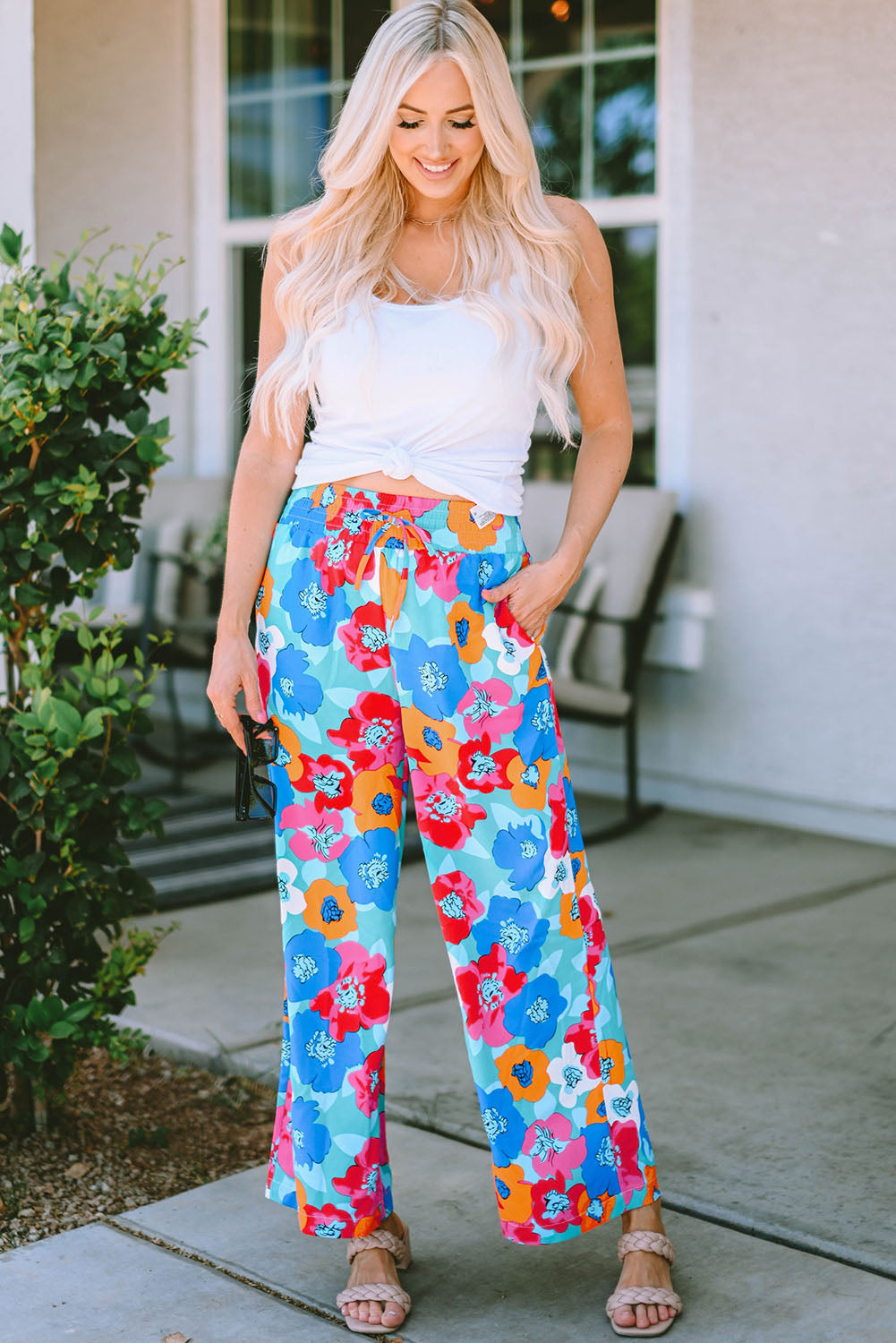 Abstract Floral Print Drawstring Wide Waistband Pants | Multicolour