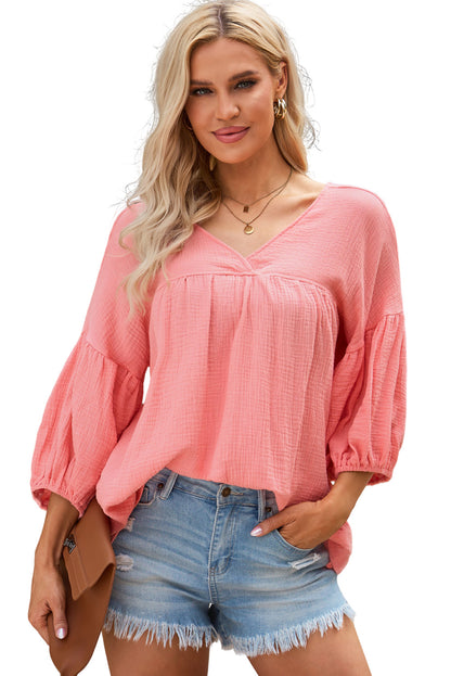 Textured V Neck Bracelet Sleeve Babydoll Blouse | Pink