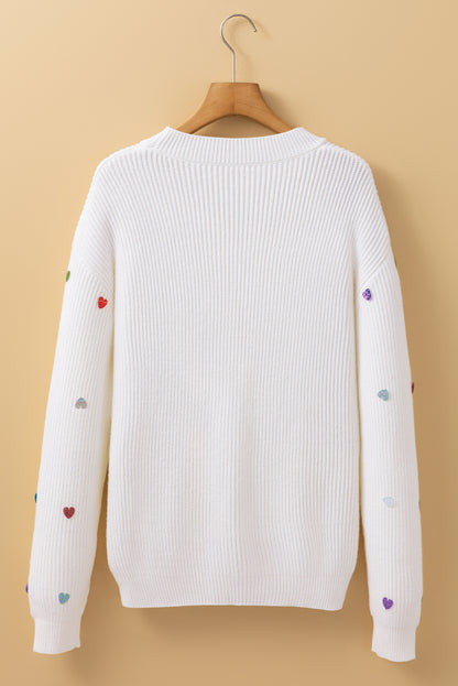 Sequin Heart Shape Waffle Knit Round Neck Sweater | Beige