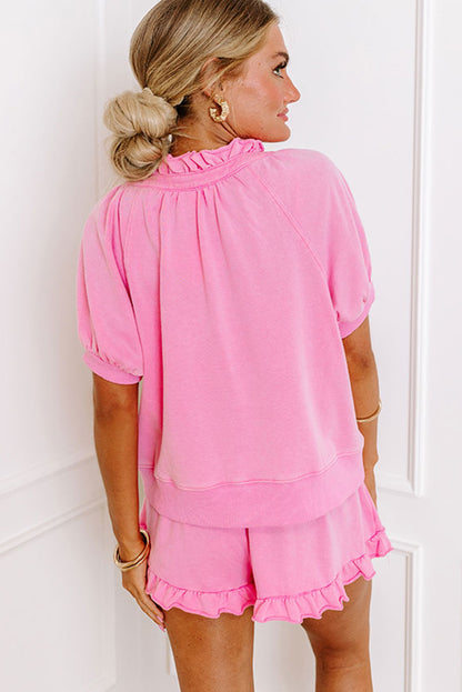 Half Zip Puff Sleeve Top And Ruffled Shorts Set | Pink