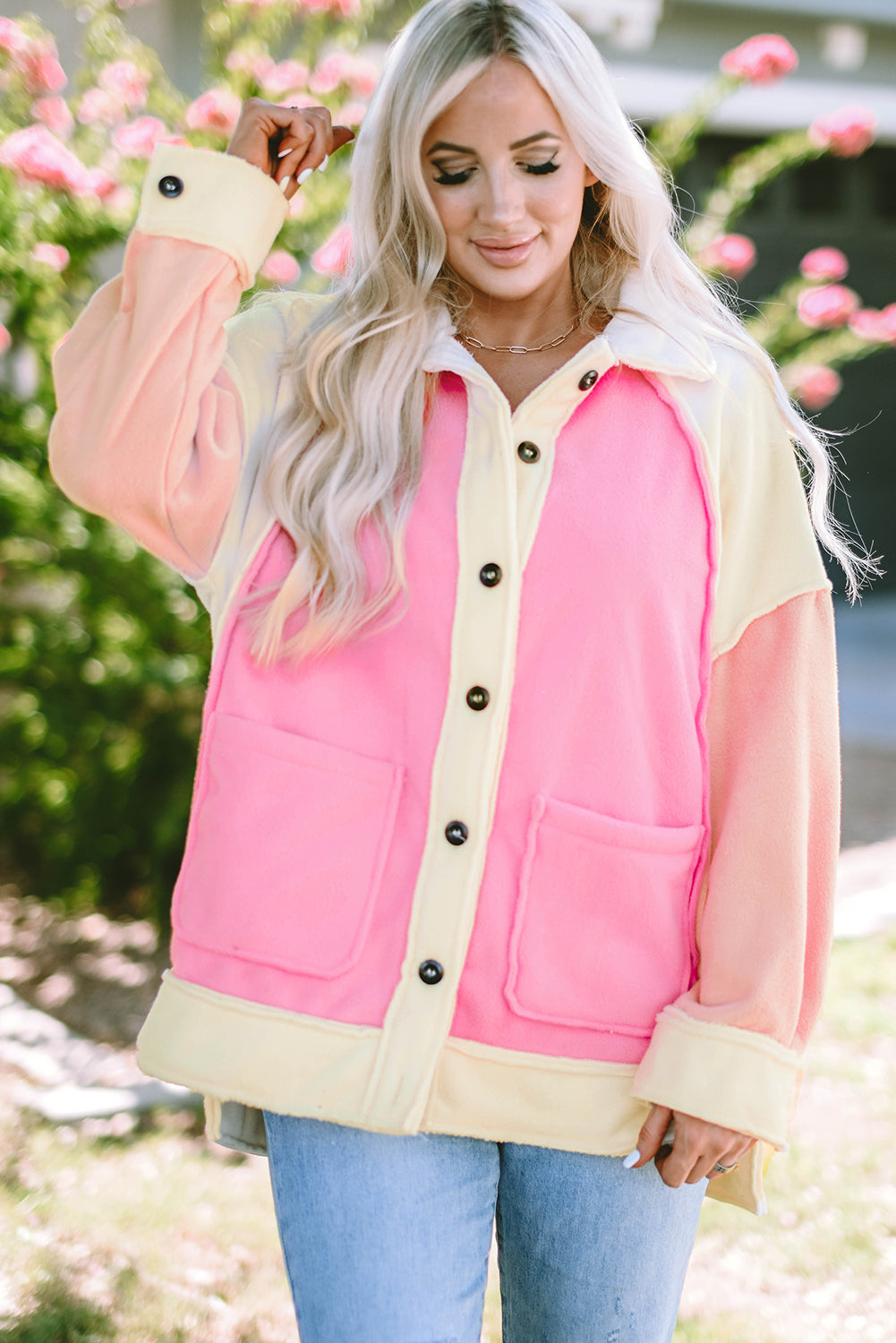 Colour Block Patchwork High Low Fleece Shacket | Rose