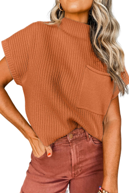 Patch Pocket Ribbed Knit Short Sleeve Sweater | Gold Flame