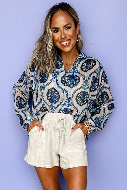 Tribal Pattern Buttoned Front Loose Shirt | Blue