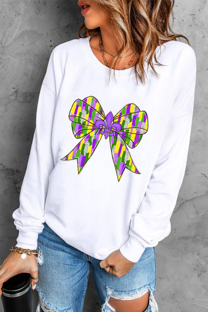 Mardi Gras Bowknot Graphic Pullover Sweatshirt | White