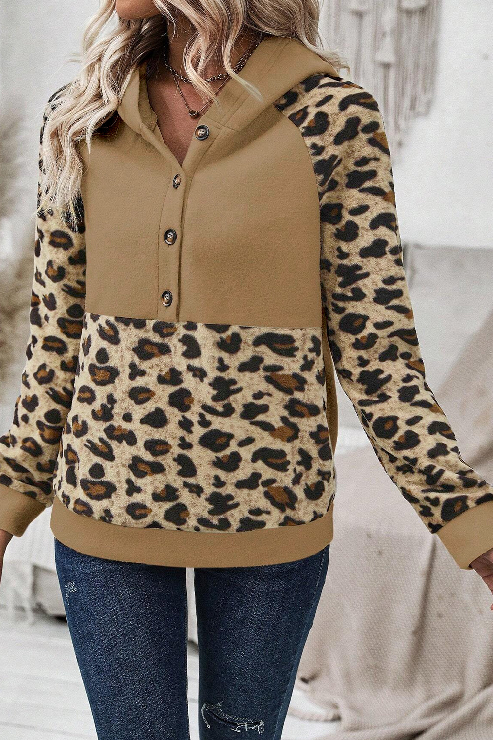 Leopard Print Patchwork Raglan Sleeve Half Buttons Hoodie | Light French Beige