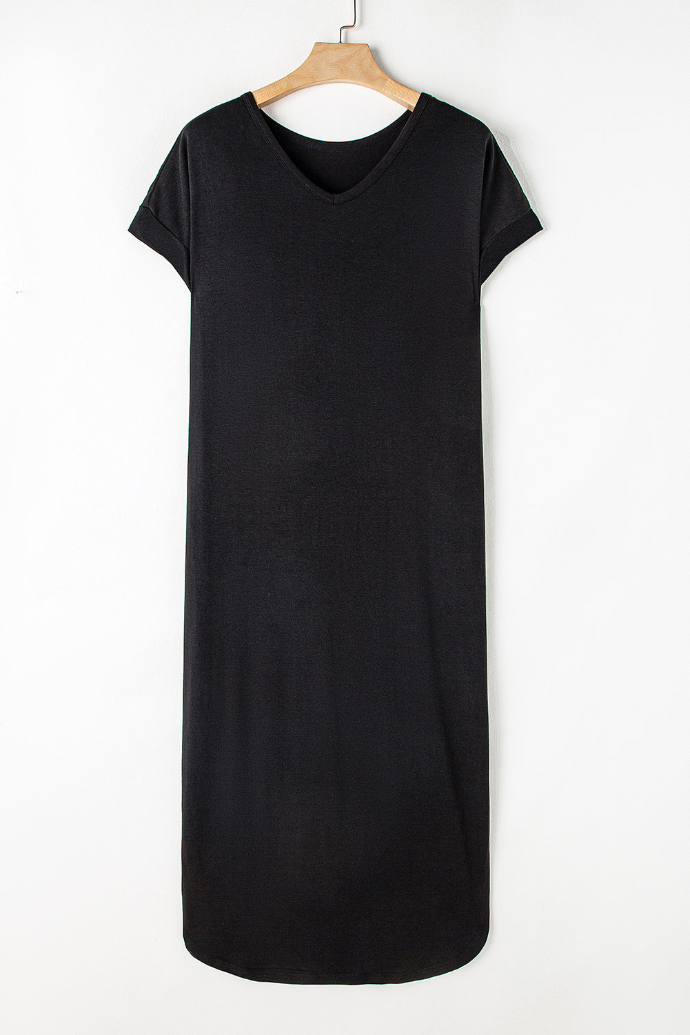 V Neck Hidden Pocket Splits Maxi T-Shirt Dress | Black