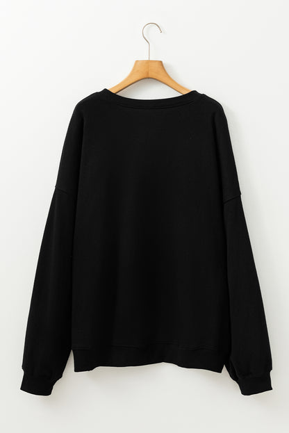 Sequin Thankful Graphic Plus Size Drop Shoulder Sweatshirt | Black