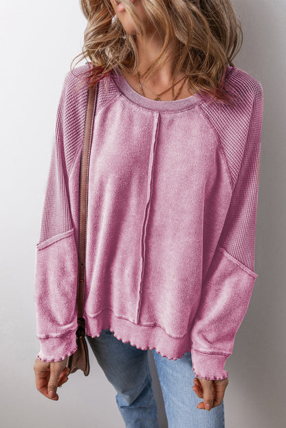 Waffle Knit Patchwork Exposed Seam Raglan Sweatshirt | Pink