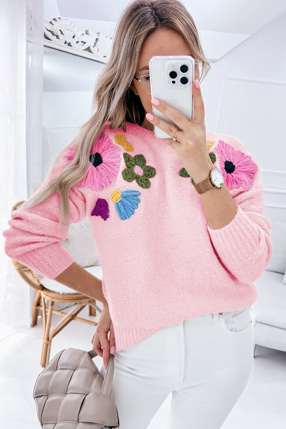 Knitted Flower Pattern Ribbed Edge Sweater | Pink