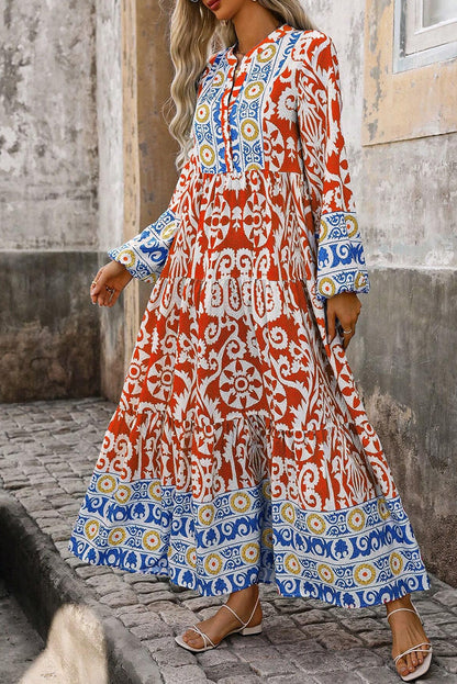 Boho Geometric Printed Long Sleeve Maxi Dress | Orange