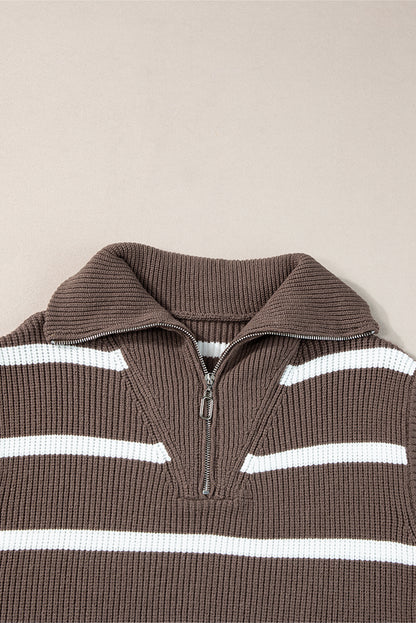 Zipped Collar Cap Sleeve Knit Top | Brown Stripe