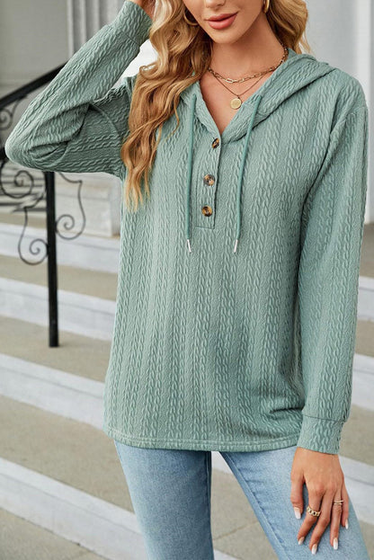 Button Front Textured Drawstring Hooded Long Sleeve Top | Mint Green