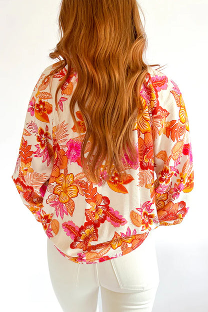 Floral Print Pearl Button Keyhole Long Puff Sleeve Blouse | Orange