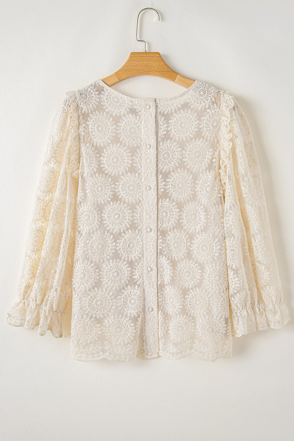 Flower Jacquard Button Back Ruffled 3/4 Sleeve Blouse | Oatmeal