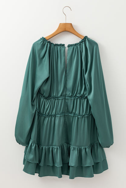 Tiered Ruffled Puff Sleeve Loose Fit Mini Dress | Mist Green