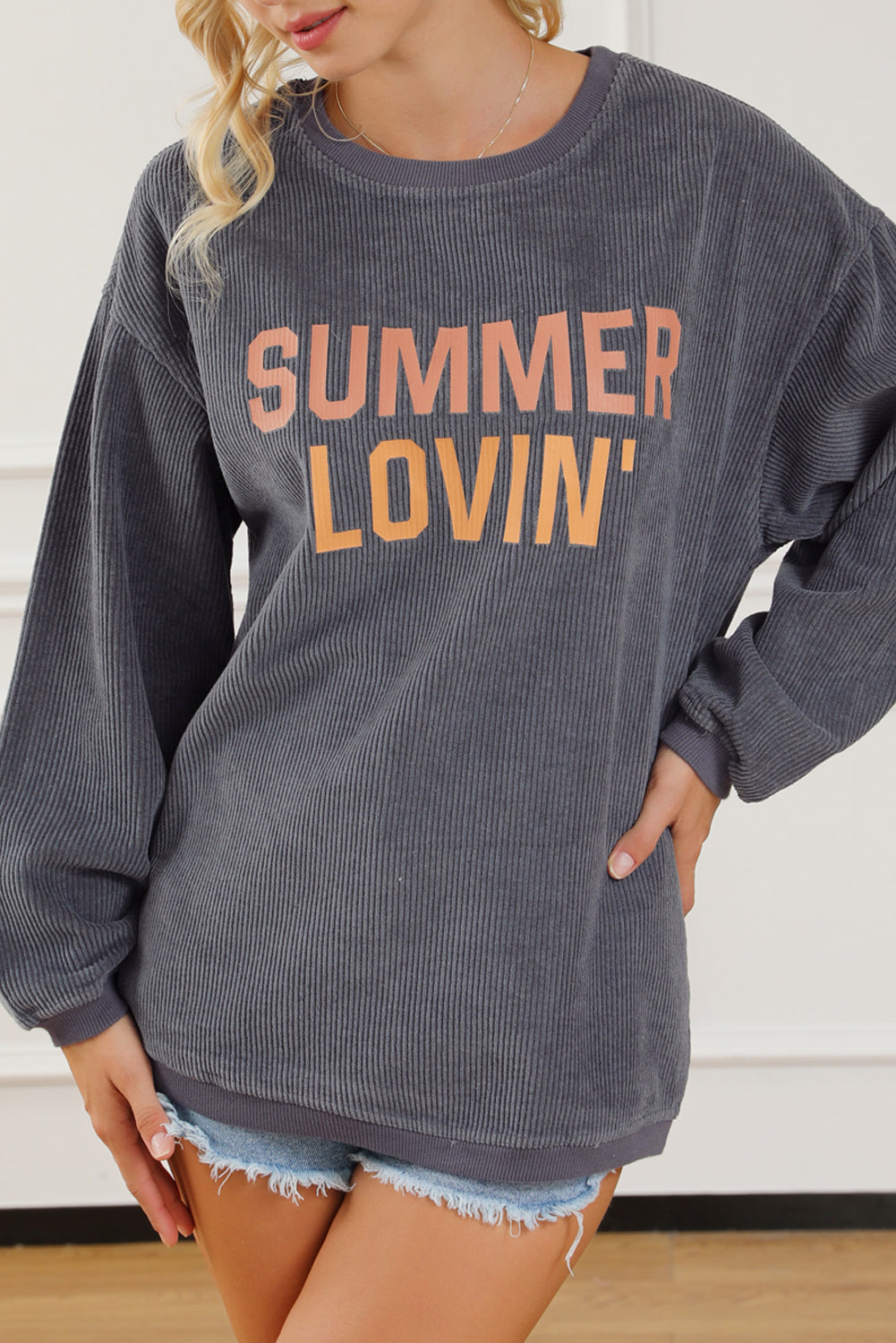 Gray SUMMER LOVIN Graphic Textured Pullover Sweatshirt