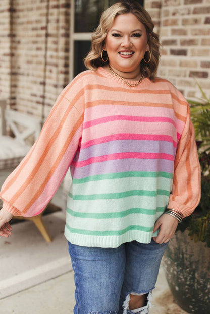 Colour Block Balloon Sleeve Crewneck Plus Size Sweater | Pink Stripe