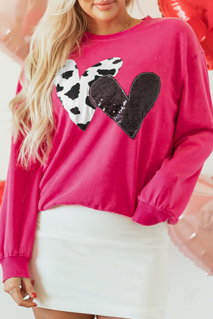 Cow & Sequin Double Heart Patch Graphic Sweatshirt | Strawberry Pink