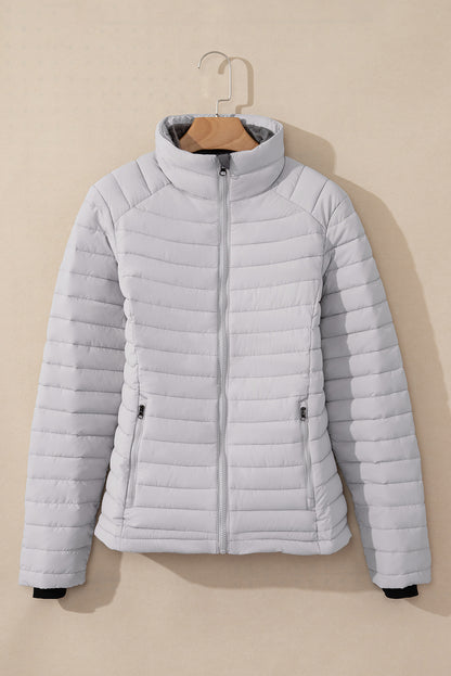 Solid Colour Quilted Zip-Up Puffer Jacket | Silvery