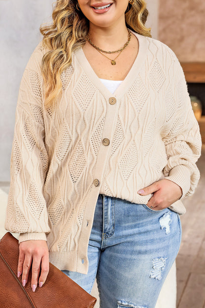 Plus Size Knitted Hollow Out Button Up Cardigan | Apricot