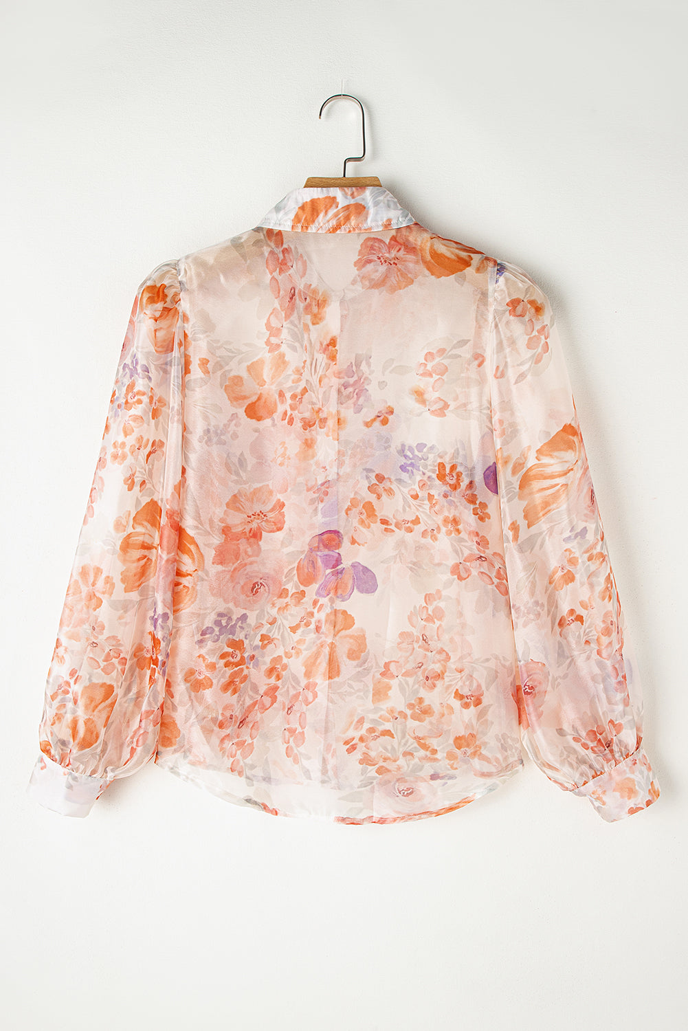 Floral Print Collared Balloon Sleeve Loose Shirt | White