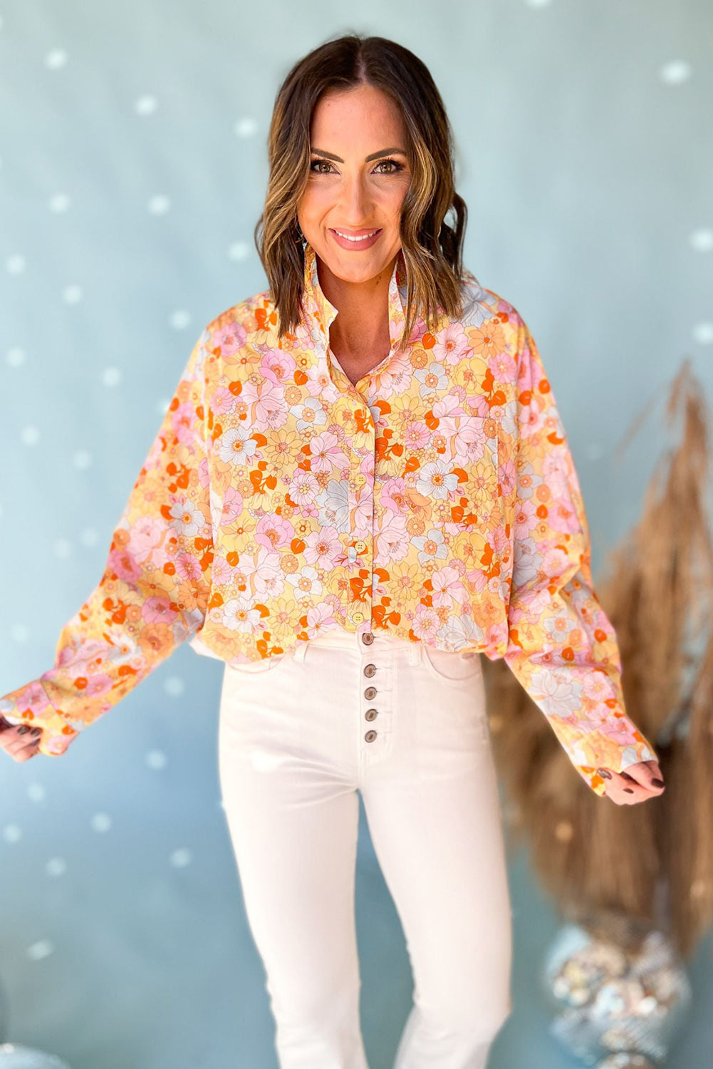 Floral Print Turn Down Collar Loose Shirt | Yellow