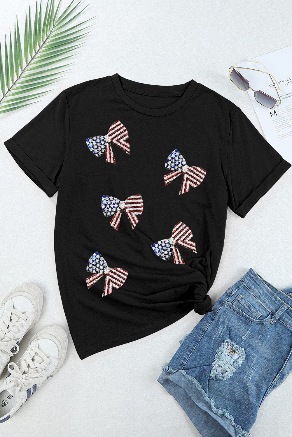 Sequined Flag Bowknot Graphic T Shirt | Black