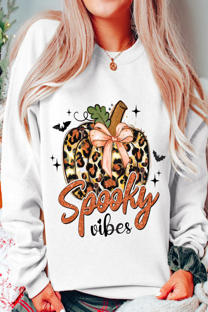 Spooky Leopard Pumpkin Print Crew Neck Sweatshirt | Beige