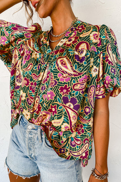 V Neck Short Bubble Sleeve Paisley Blouse | Green