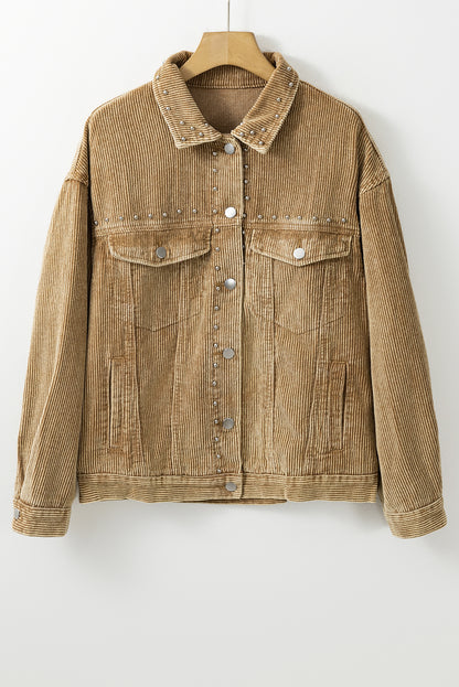 Studded Buttoned Chest Pockets Corduroy Jacket | Apricot