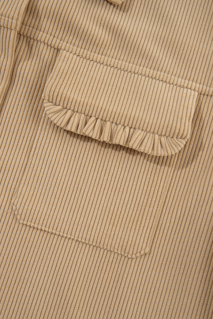 Solid Frilled Flap Pocket Button Up Corduroy Shacket | Light French Beige