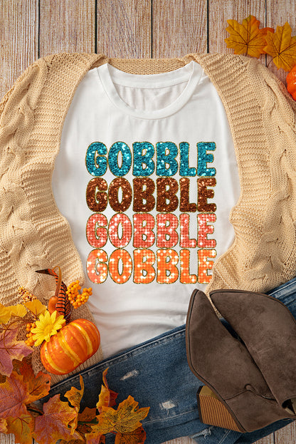 Heat Transfer Gobble Graphic Crewneck Thanksgiving T Shirt | White