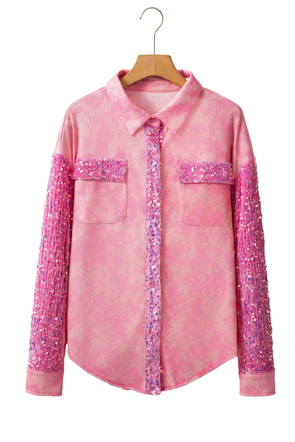 Mineral Wash Sequin Patchwork Flap Pocket Shacket | Apricot Pink