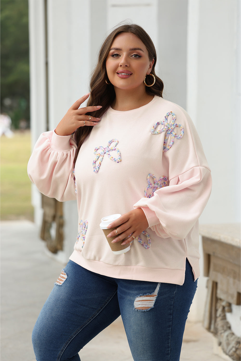 Embroidered Bow Lantern Sleeve Oversized Pullover Sweatshirt | Parchment