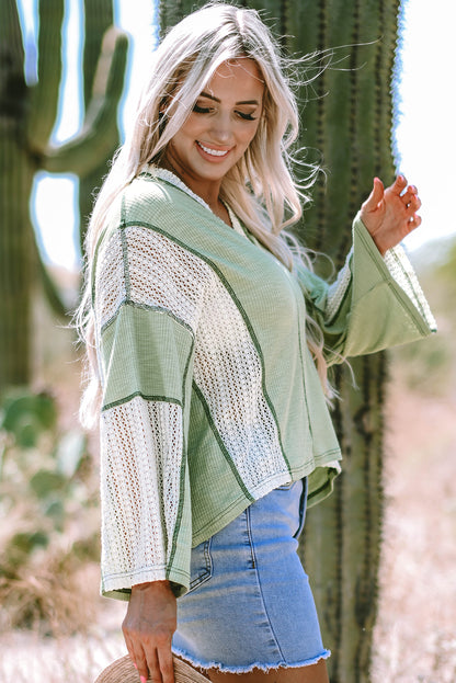 Crochet Detail Exposed Seam High Low Loose Top | Grass Green