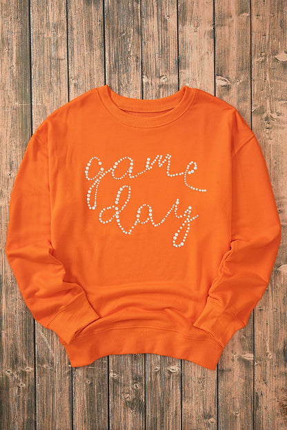 Rhinestone Game Day Pattern Drop Shoulder Sweatshirt | Orange