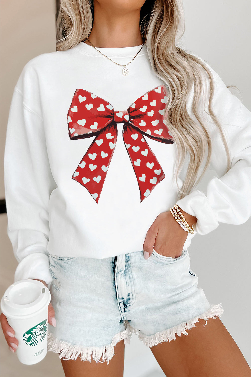 Heart Bow Printed Round Neck Valentines Pullover Sweatshirt | White