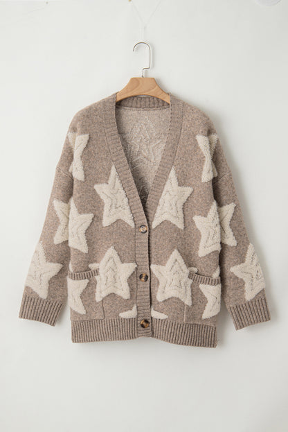 Sherpa Star Pattern Textured Sweater Cardigan With Pockets | Khaki