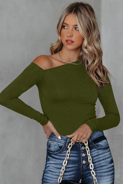 Asymmetrical Neckline Long Sleeve Knit Top | Green