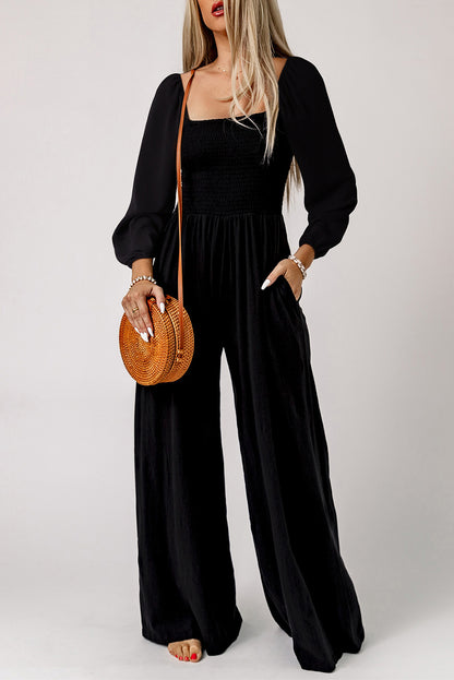 Smocked Square Neck Long Sleeve Wide Leg Jumpsuit | Black