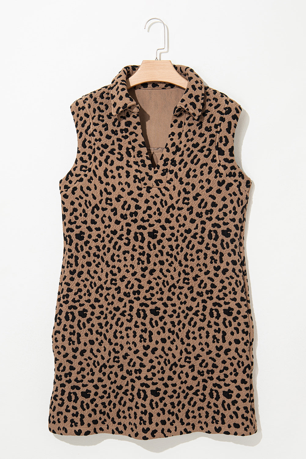 Leopard Print V Neck Sleeveless Collared Mini Dress | Khaki